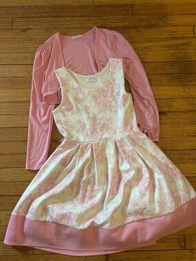 Knitworks Cream and Pink Floral Fit-and-Flare Dress with Pink Bolero